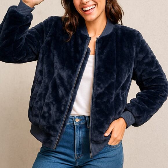Carmar Jackets & Blazers - CARMAR Navy Blue Faux Fur Bomber Jacket Size M